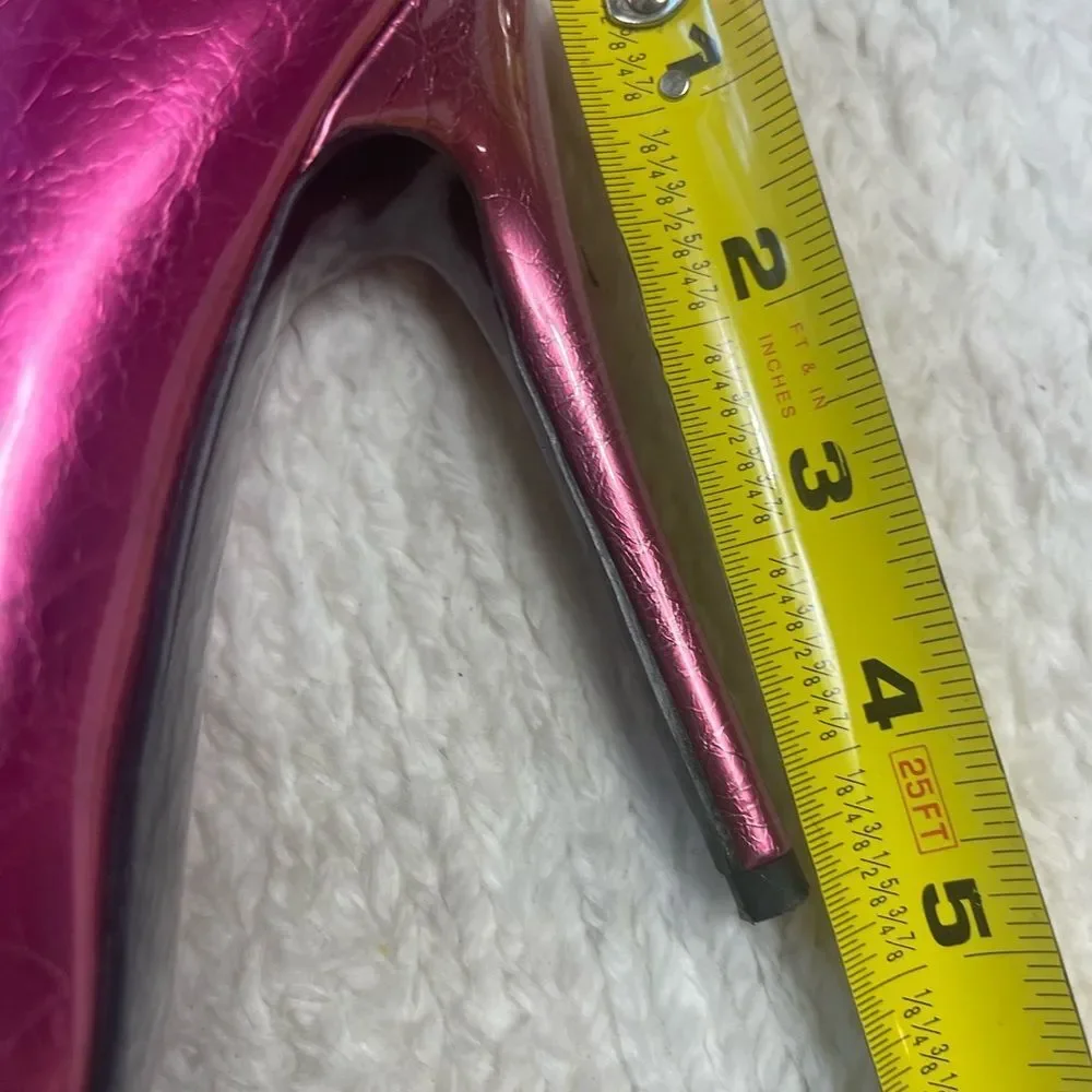 Azalea Wang synthetic Patent metallic Pink/Fuchsia thigh high heel boots SZ 7